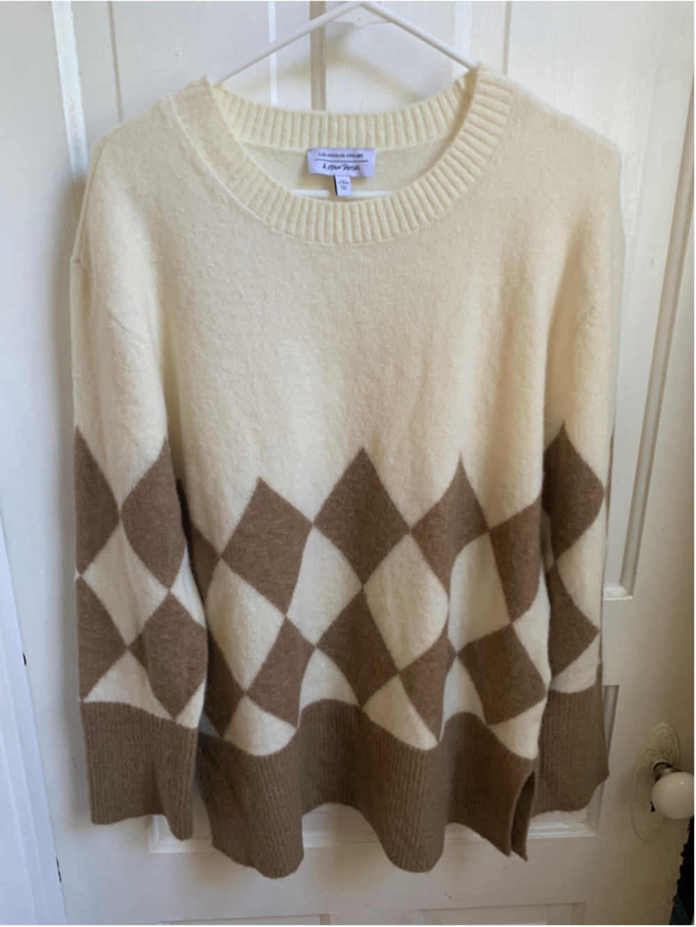 Women's Anthropology & Other Stories Argyle Jumper Sweater Oversized Cream Brown